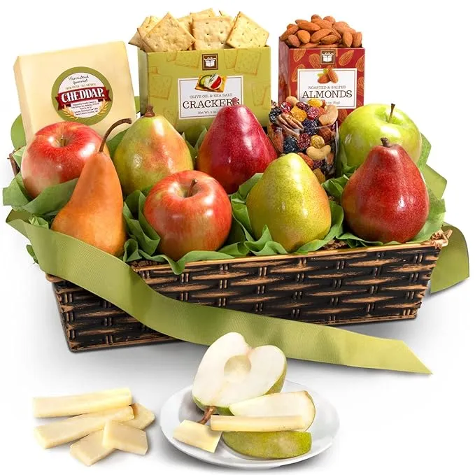 Classic Fresh Fruit Basket Gift with Crackers, Cheese and Nuts for Christmas, Holiday, Birthday, Corporate