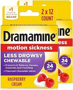 Dramamine Chewable Less Drowsy, Motion Sickness Relief, Raspberry Cream Flavor, 12 Count, 2 Pack