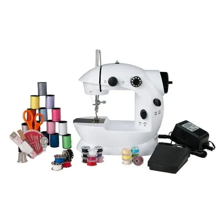 Sunbeam Mini Portable Sewing Machine AC Adapter Foot Pedal And Over 75 Piece Sewing Kit Included, Drop In Bobbin For Easy Set Up, Double Thread and Speed, Pre Threaded Ready To Use, Battery Operated As Well