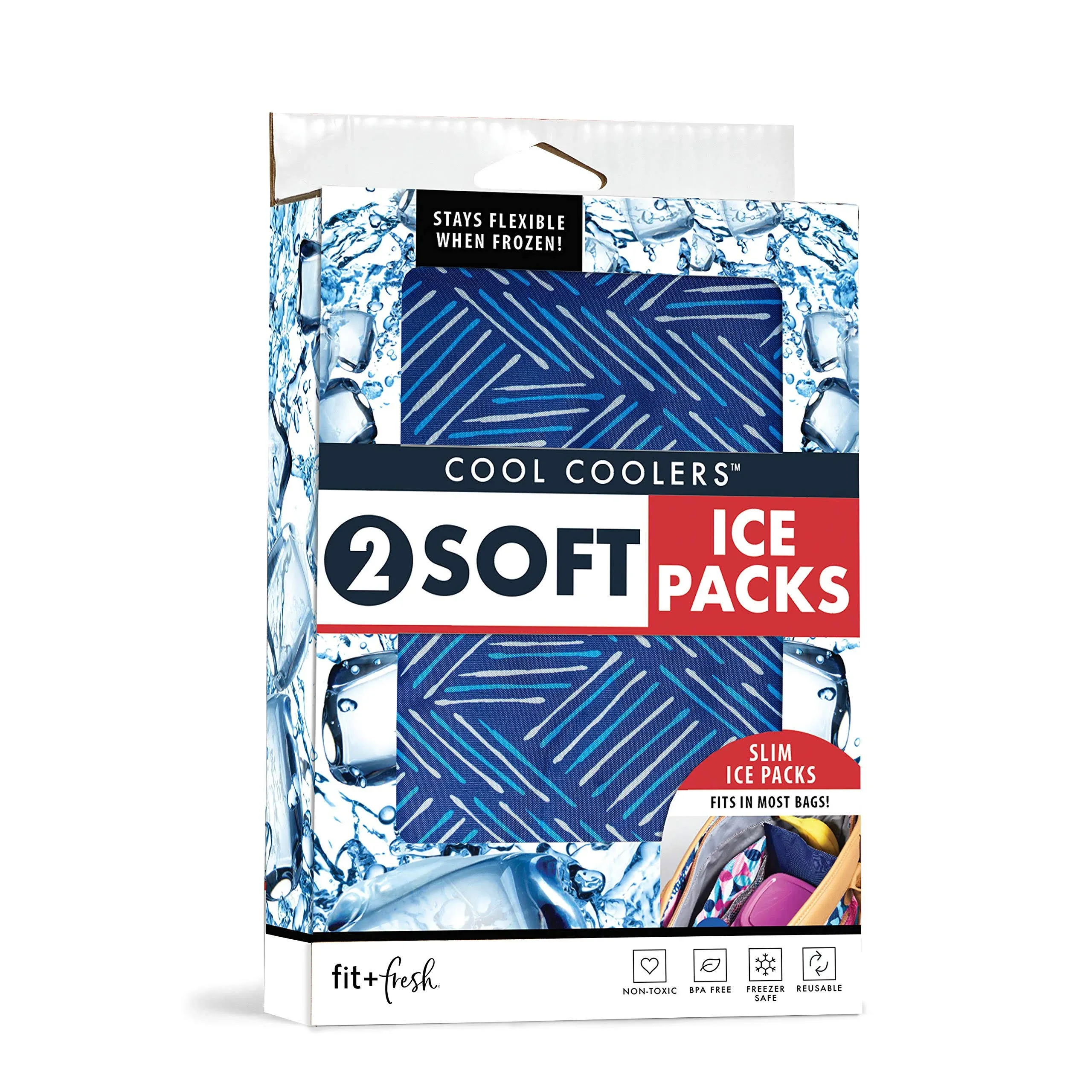 Cool Coolers by Fit & Fresh 2 Pack Soft Ice, Flexible Stretch Nylon Reusable Ice Packs for Lunch Boxes & Coolers, Navy Sketch Weave & Blue