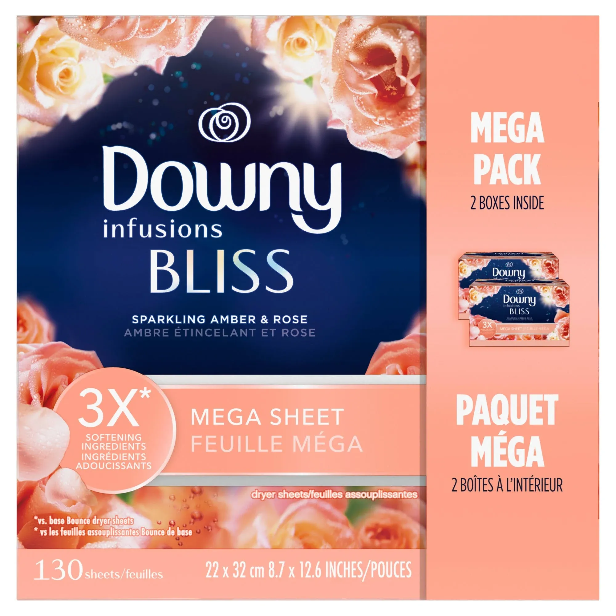 Downy Infusions Sparkling Amber & Rose Bliss Mega Dryer Sheets 130 Count