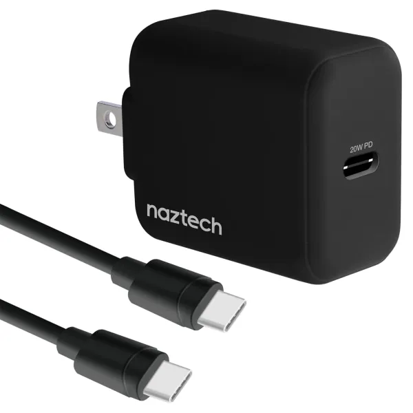 Naztech 20-Watt Power Delivery USB-C Wall Charger And USB-C To USB-C Cable, 4', Black