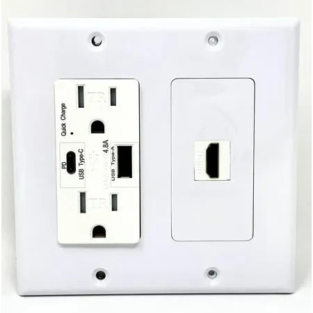 RiteAV USB Charger Outlet 15A/125V with USB Type-A/USB Type-C Charging Ports and 1 x HDMI Decorative White Wall Plate