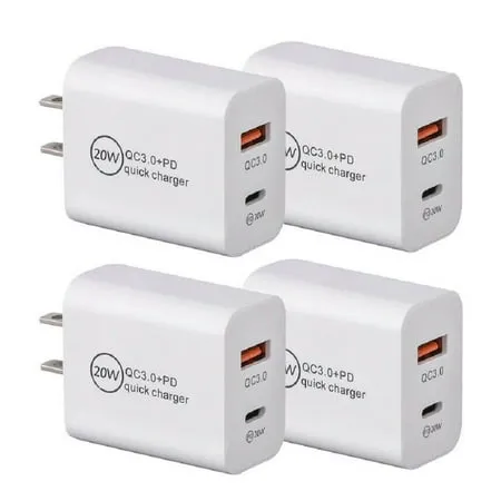 20W Dual Ports Wall Charger USB-C + USB-A EpicGadget Fast Charger 20W Type-C Power Adapter Fast Wall Charger Adapter Plug for iPhone iPad Samsung Google Pixel and More (4-Pack)