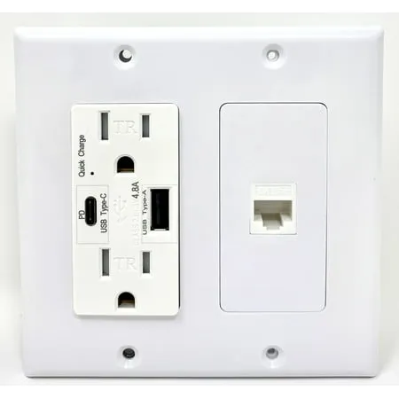 RiteAV USB Charger Outlet 15A/125V with USB Type-A/USB Type-C Charging Ports and 1 x Cat5e Ethernet Decorative White Wall Plate