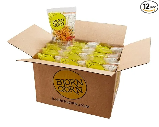 BjornQorn Spicy 12-Pack Popcorn - Vegan & Gluten-Free - Cheesy, Spicy, Umami - (12 3oz bags)