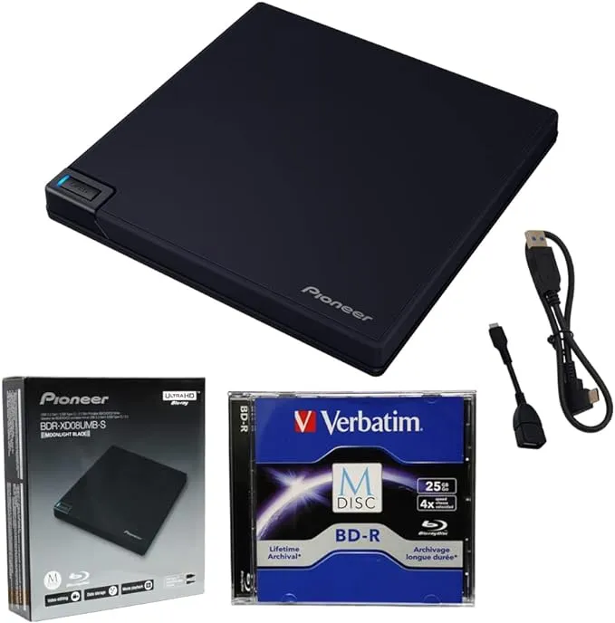 Pioneer BDR-XD08UMB-S Portable 6X Ultra HD 4K Blu-ray Burner External Drive Bundle with Cyberlink Software Download Installation Code, 25GB M-DISC BD-R and USB Cable - Burns CD DVD BD DL BDXL Discs