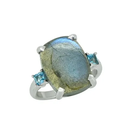 11.18 Ct. Labradorite Swiss Blue Topaz Solid 925 Sterling Silver Ring