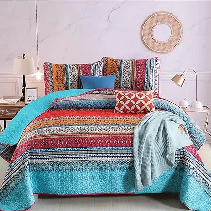 WONGS BEDDING Bohemian Quilt Set, Boho Striped Pattern Printed Coverlet for All Season, Soft Microfiber Boho Bedspread Set 90"x96"(3 Pieces, Queen)