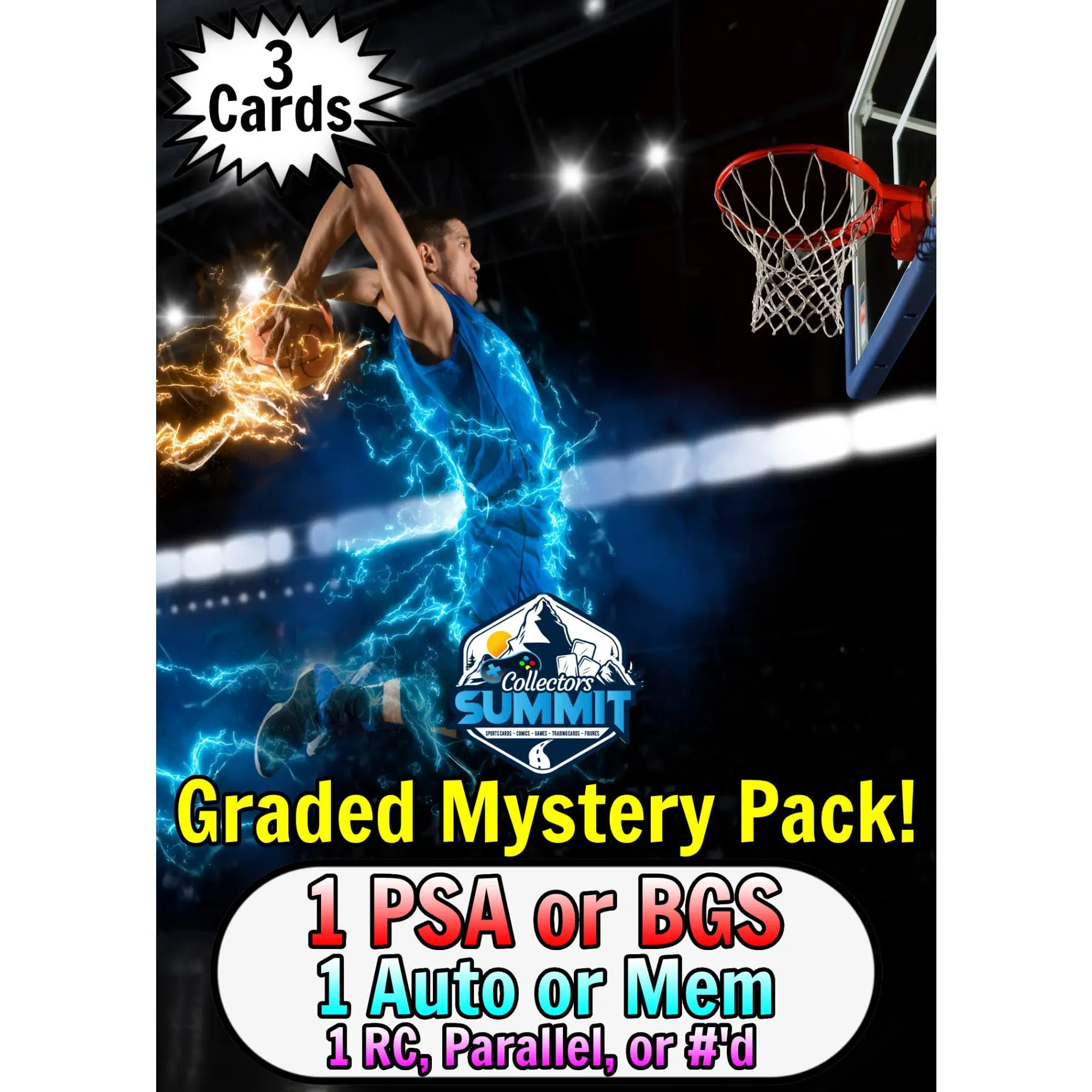 COLLECTORS SUMMIT NBA Graded Mystery Pack | Contains 3 Cards | 1 Graded PSA or BGS Card | 1 Auto or Mem | 1 RC, Parallel, or #’d | Vintage & Modern | Grade 7+ Guaranteed