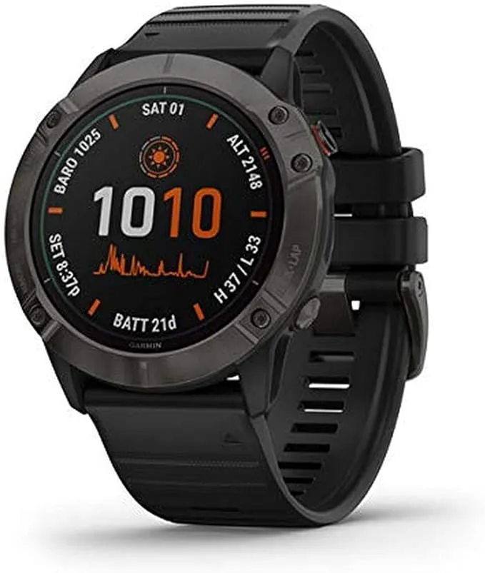 Garmin fenix 6X Pro Solar, Premium Multisport GPS Watch with Solar Charging Capabilities, Features Mapping, Music, Grade-Adjusted Pace Guidance and Pulse Ox Sensors, Dark Gray with Black Band