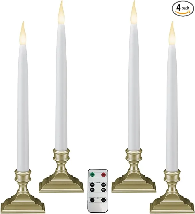 612 Vermont Battery Operated LED Window Candles with Timer, Remote Control, Warm White Flicker or Steady On, VTR1660P-4 (Pack of 4, Pewter)