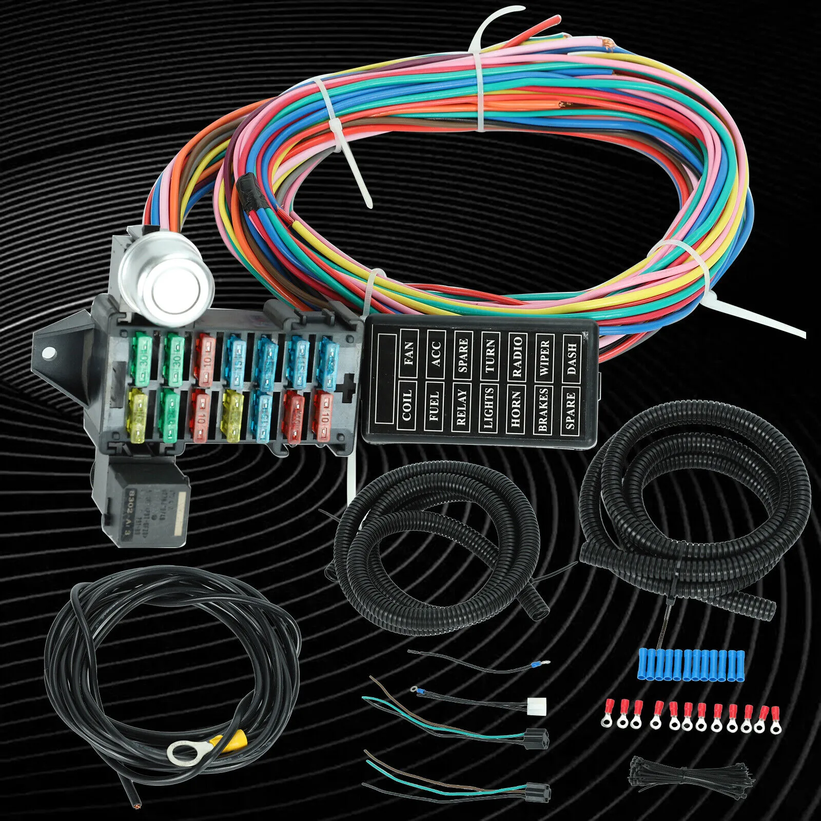 Universal 12-14 Circuit Wiring Harness 14 Fuse GXL COPPER WIRE