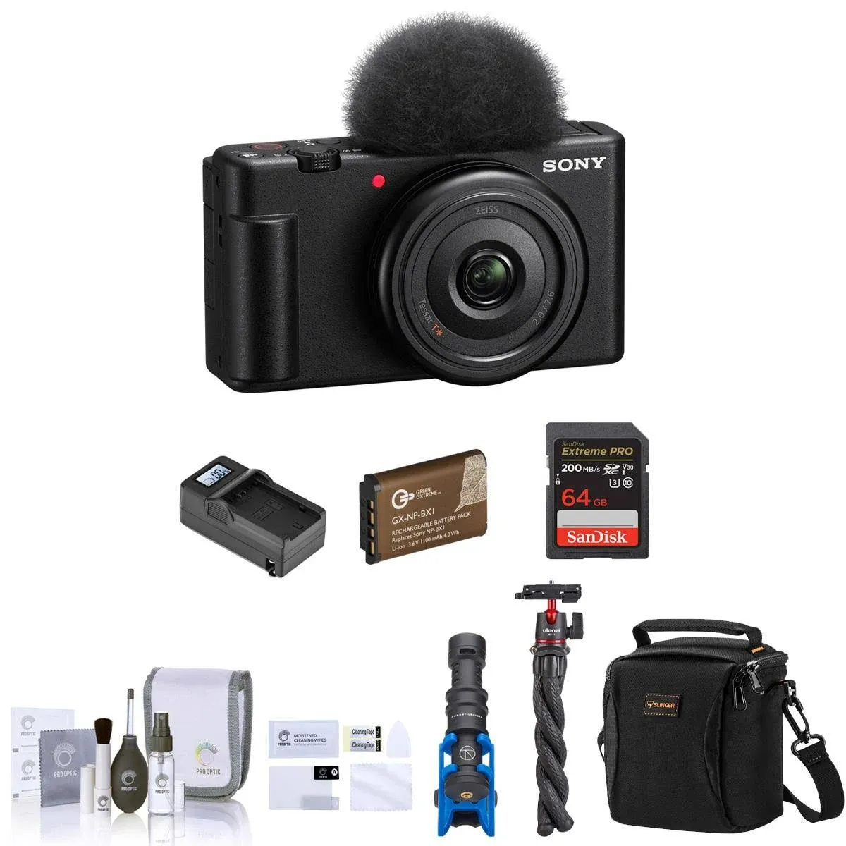 Sony ZV-1F Vlogging Camera, Black Bundle with 64GB SD Card, Shoulder Bag, Shotgun Mic, Tripod, Extra Battery, Charger, Cleaning Kit