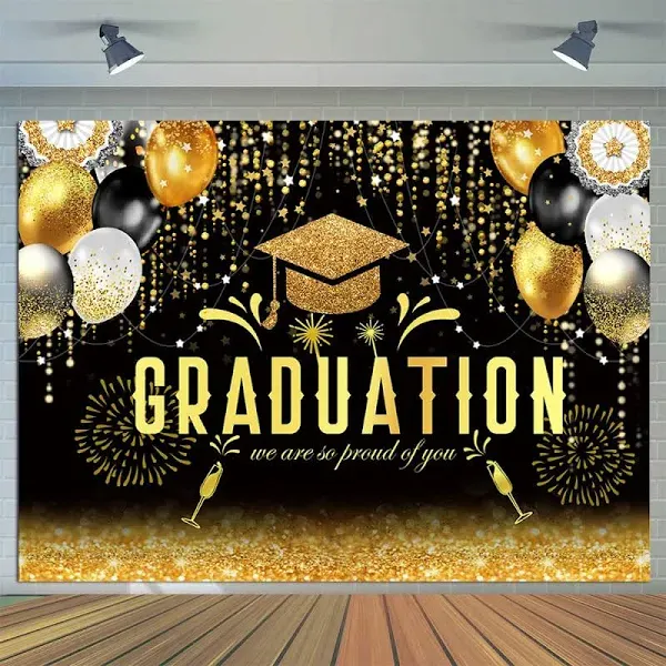 CYLYH 8x6ft 2022 Class Graduation Photography Backdrop Black Gold Glitter Bok...