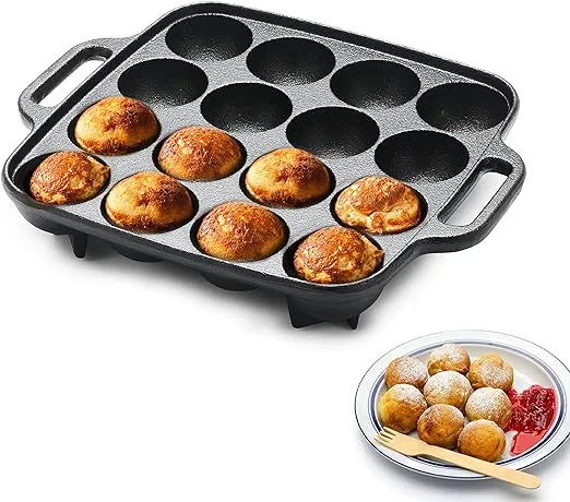 COMMERCIAL CHEF Cast Iron Cookware Aebleskiver Pan with 16 Cake Pop Mold Openings, Cast Iron Donut Pan for Baking with Handles, Enameled Cast Iron with Even Heat Retention