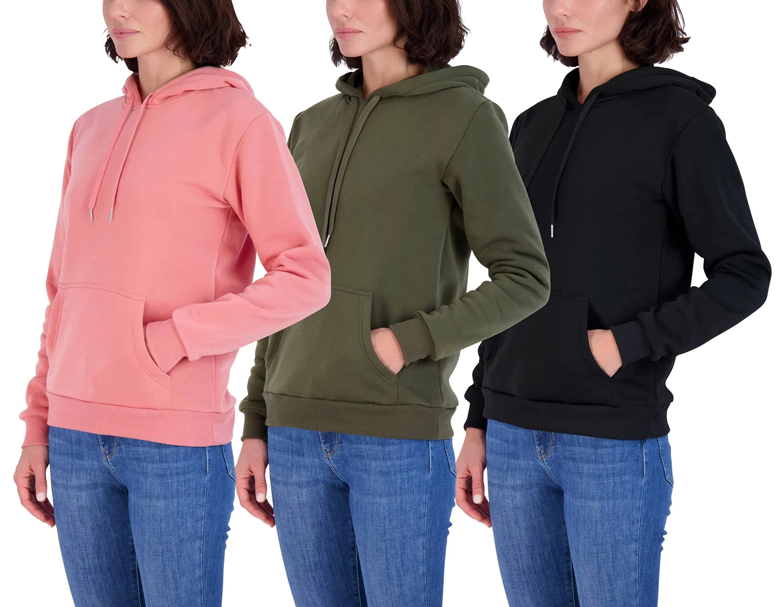 Real Essentials 3 Pack: Women's Fleece Long-Sleeve Pullover Hoodie Active Sweatshirt Kangaroo Pocket - (Available In Plus)