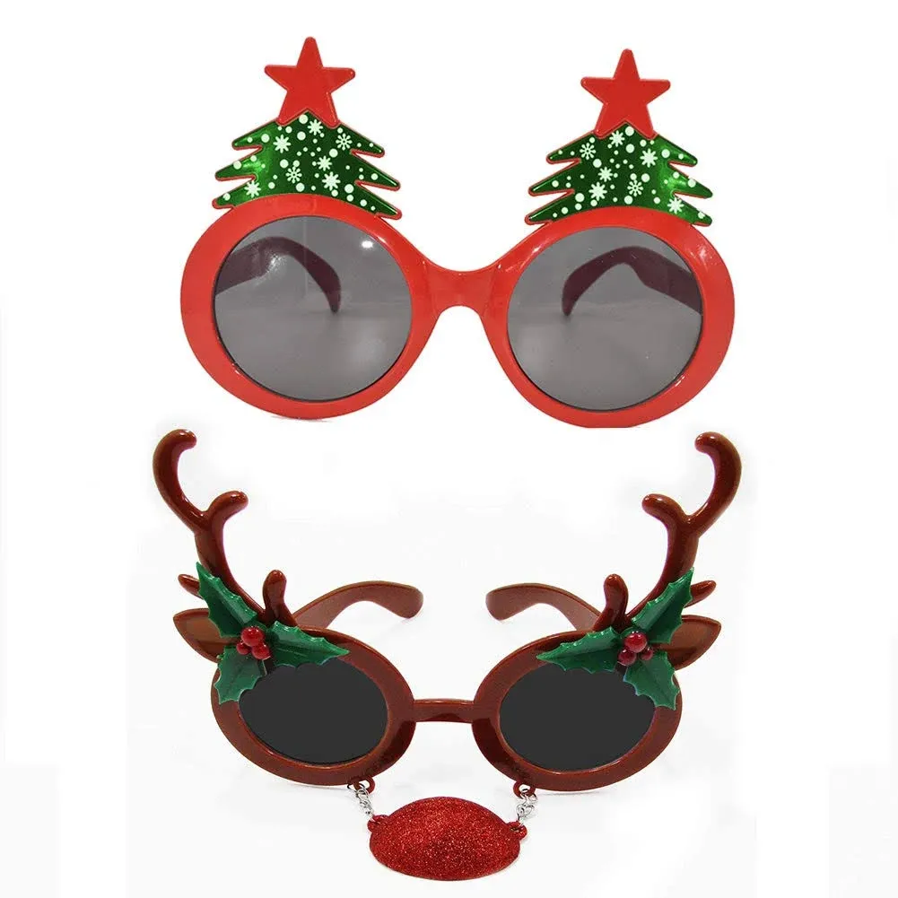 BOLZRA Christmas Sunglasses Props 2 Pack Cartoon Reindeer Xmas Tree Eyeglasse...