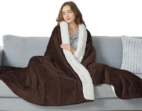 CYMULA Flannel Weighted Blanket Adult: 60×80inch Sherpa Fleece Heavy Blanket - Breathable Soft Blanket 15lbs Queen Size - Snuggly Bed Blankets with Glass Beads- Brown