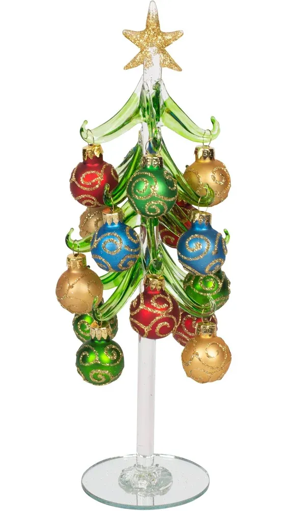 Red Carpet Studios Miniature Glass Christmas Tree with 16 Glitter Ornaments, 10-Inches, Gold