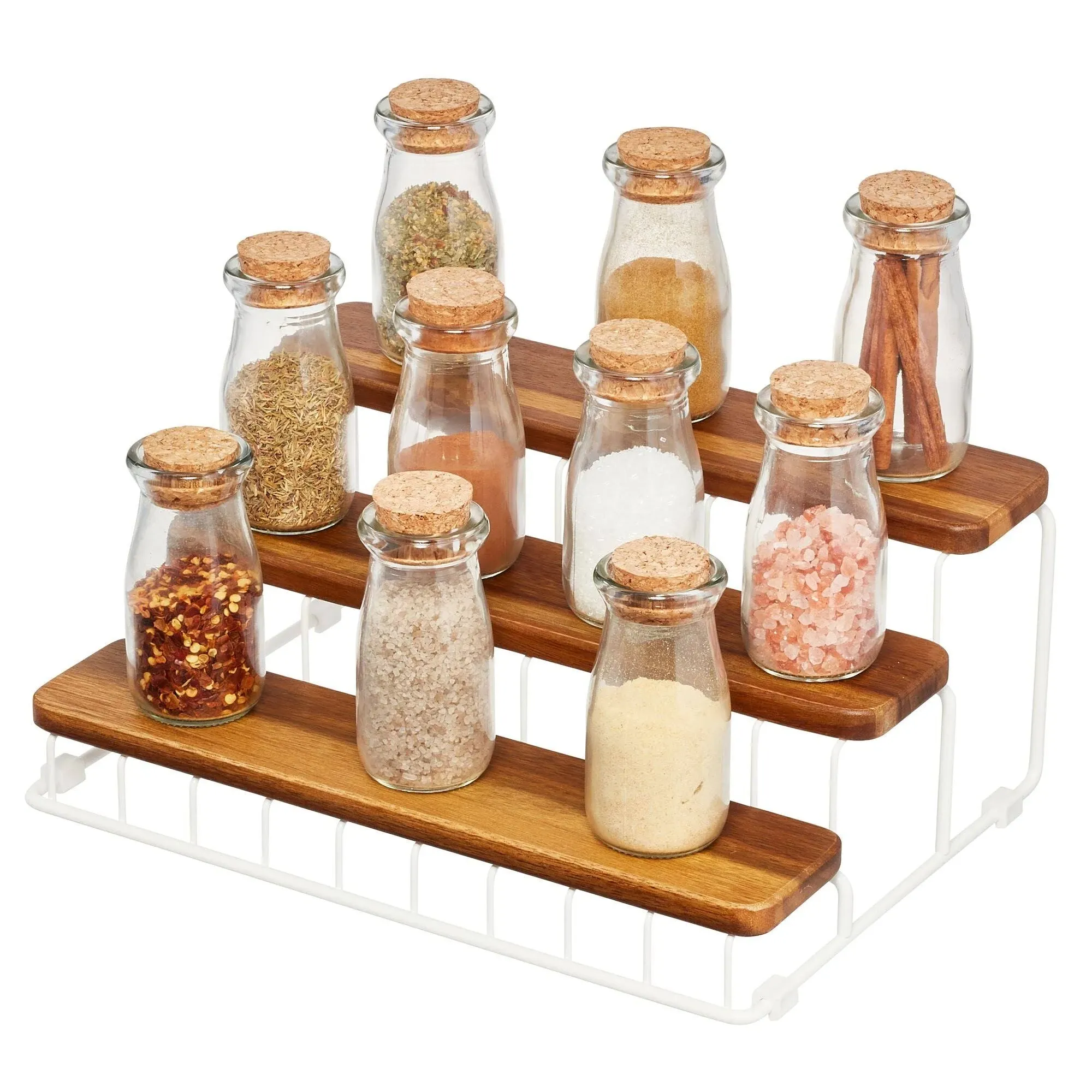 iDesign The Ría Safford Collection Acacia Wood and Wire Three Organizer, 12" x 8.5" x 5", 3 Tier Spice Rack