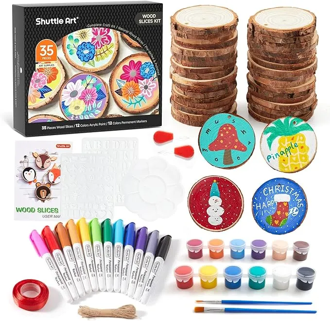 Shuttle Art 69 Pack Natural Wood Slices Kit, 35 PCS 6-7cm Unfinished Wooden Slices with Predrilled Hole, Acrylic Paint, Permanent Markers, Wooden Circles for DIY Crafts, Christmas Decoration Ornaments