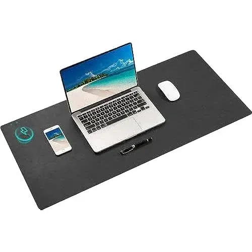 Wireless Charging Mouse Pad Firelison 2 in 1 Leather Multifunctional Office Desk Pad with Non-Slip Rubber Base, Waterproof Desk pad for Computers/Office/Work/Home/Decor（ 32" x 16"Black - L）