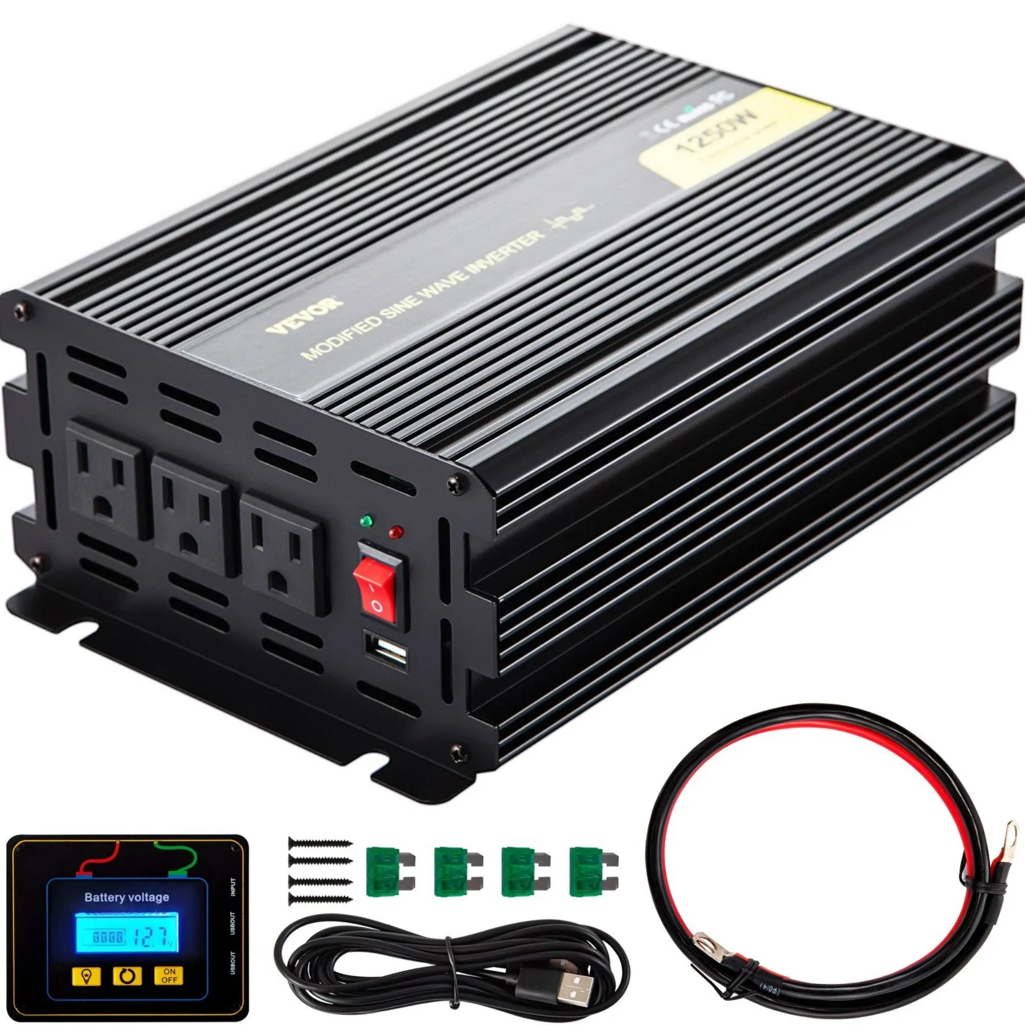 VEVOR Power Inverter, 1250W Modified Sine Wave Inverter, DC 12V to AC 120V Car Converter, with LCD Remote Controller, LED Indicator, AC Outlets Inverter for Truck RV Car Boat Travel Camping Emergency