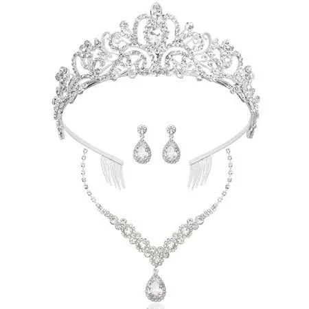 COCIDE Silver Jewelry Set for Women Crystal Tiara and Necklace Kit for Girls Rhinestone Crown Earrings Neck Accessories for Bride Wedding Party Bridal