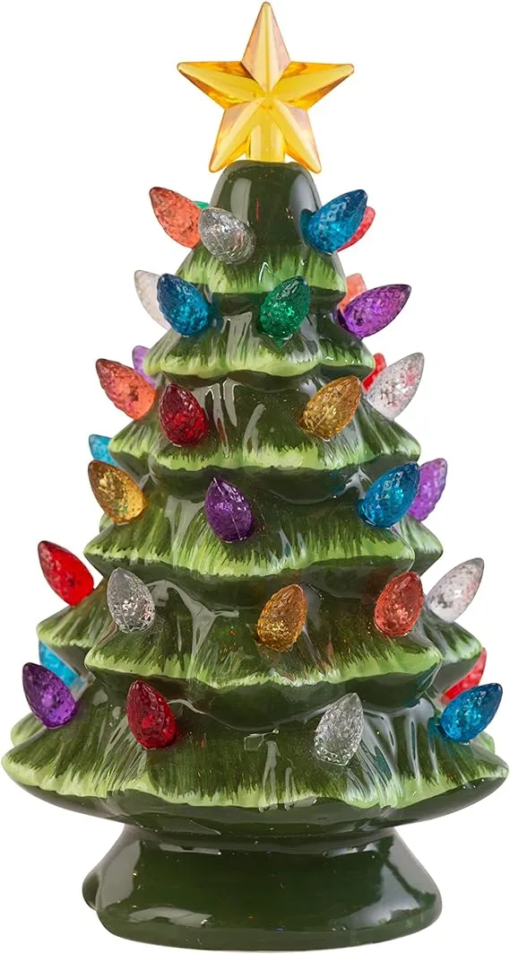 Creative Hobbies Small Vintage Ceramic Christmas Tree with Multi-Color Lights and Clip in Cord - 6.75" Tabletop Tree