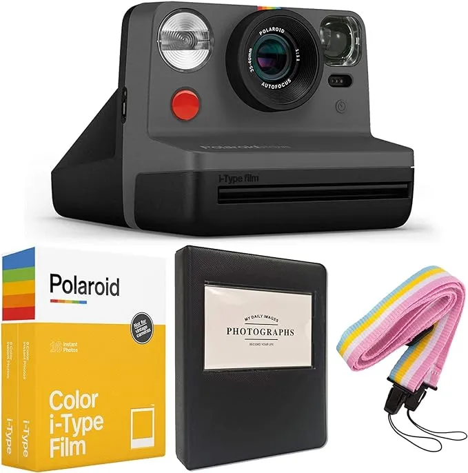 Polaroid Now 2nd Generation I-Type Instant Film Camera - Black (9095) + Polaroid Color Film for I-Type + Black Album + Colorful Neck Strap