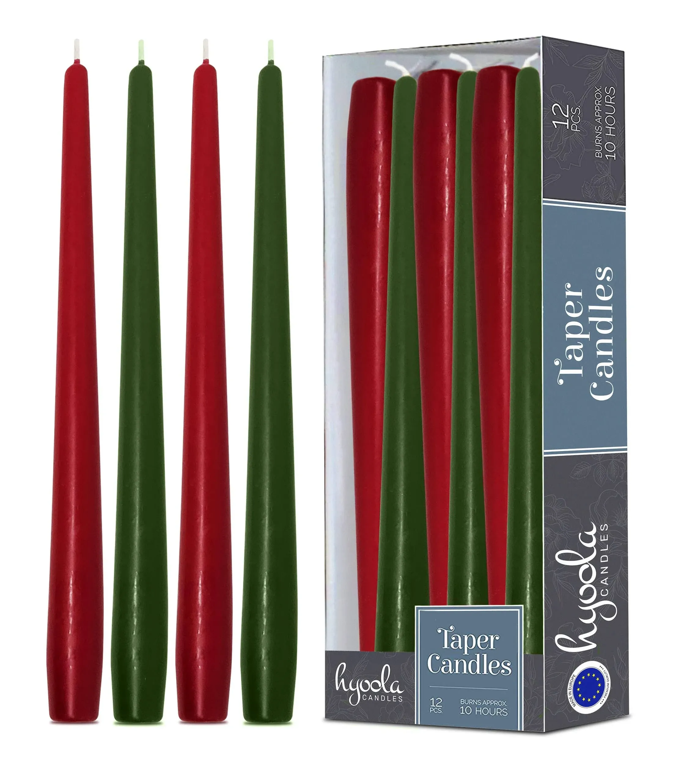 Hyoola Christmas Candles - Green and Red Taper Candles 12 Inch Dripless, 12 Pack Unscented Holiday Candles - European Made