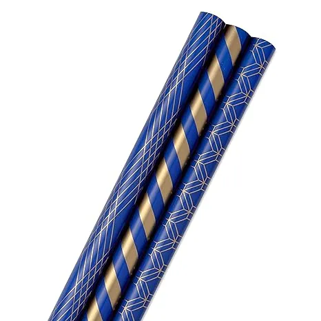 Hallmark All Occasion Wrapping Paper Bundle with Cut Lines on Reverse - Dark Blue and Gold Stripes (3-Pack: 105 sq. ft. ttl.) for Christmas, Hanukkah, Birthdays, Graduations, Father's Day, Weddings