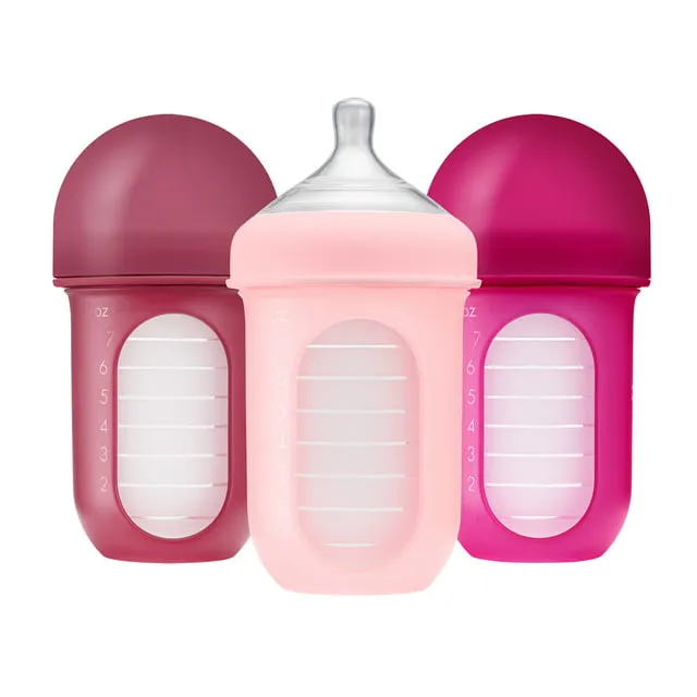 Boon Nursh Reusable Silicone Pouch Baby Bottle, Air-Free Feeding, Pink Multi Pack, 8 Oz, 3 Pk