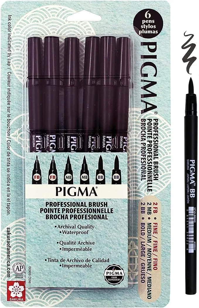 SAKURA Pigma Professional Brush Pens - Brush Tip Pens - Black Ink - Fine, Medium, Bold Sizes - 6 Pack