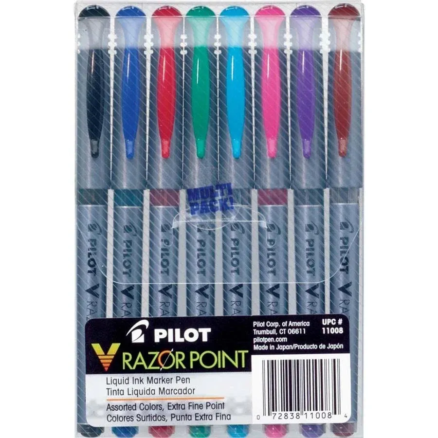 Pilot V Razor Point Liquid Ink Marker Pens, Extra Fine Point, Assorted, 8/Pack