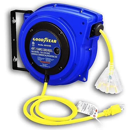 GOODYEAR Extension Cord Reel Extra Long 40 ft 14AWG 3C SJTOW, Triple Tap Connector, Heavy Duty, Slow Retraction Stop At Any Point