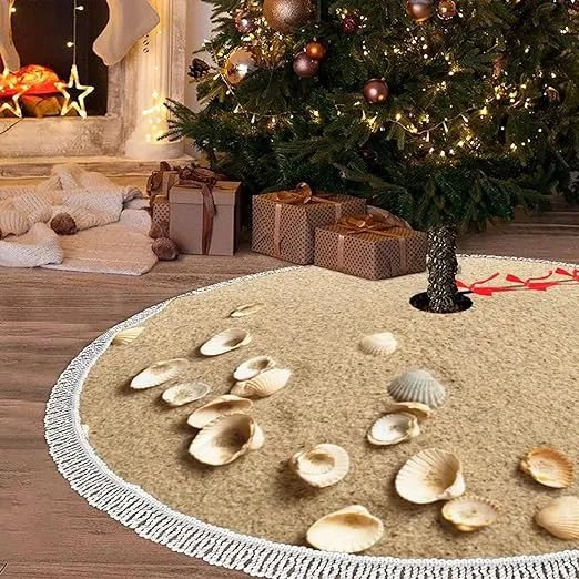 48 Inch Beach Christmas Tree Skirt, Seashells on Sand Summer Beach Tree Mat w...