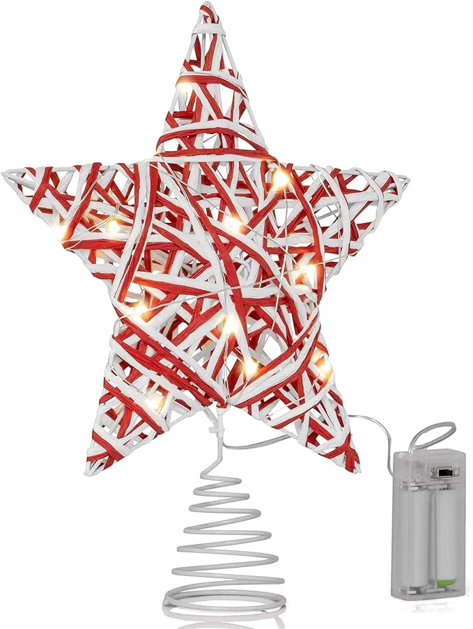 Ornativity Christmas Star Rattan Tree Topper – Red and White Xmas Holiday Decor Rustic LED Lights Light Up Tree Top Topper Ornament Decoration 12"