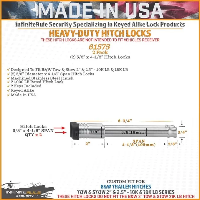 InfiniteRule Security 61675 | 3 Pack, Keyed Alike, Hitch Locks for B&W 2.0" & 2.5" Tow & Stow 10K LB & 18K LB - Fits Adjustable Ball Mount Only - Does NOT FIT Vehicle Receiver