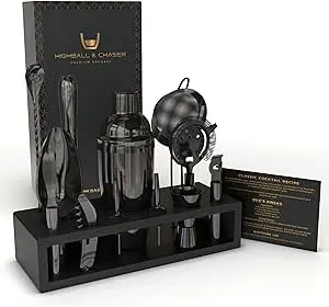 Highball & Chaser 13-Piece Cobbler Cocktail Shaker Set: Black Polished Stainless Steel Bartender Kit For Home Bar Cocktail Set | Laser Engraved Cocktail Tools | Plus E-Book with 30 Cocktail Recipes