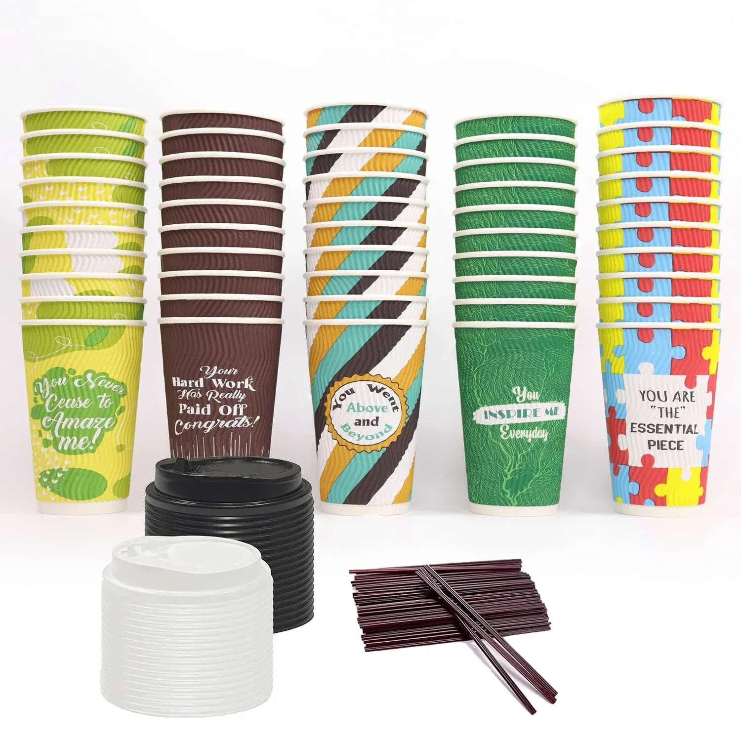 Dessie 50 Disposable Coffee Cups With Lids 16 oz, 5 Unique Designs. Motivational Hot Cups With Lids 16 oz, Heat Resistant, Leakproof & Sturdy. Paper Coffee Cups With Lids.