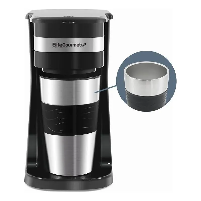 Elite Gourmet EHC111A Personal Single-Serve Compact Coffee Maker Brewer Includes 14Oz. Stainless Steel Interior Thermal Travel Mug, Compatible with Coffee Grounds, Reusable Filter, Black