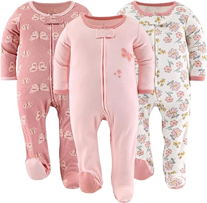 The Peanutshell Footed Pajamas Sleepers for Baby Girls, Sleep and Play Footies, 3 Pack