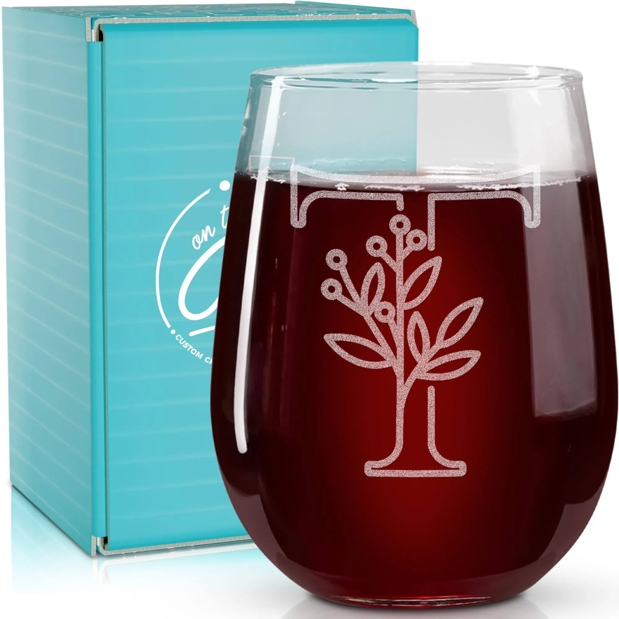 On The Rox Drinks Monogrammed Gifts For Women and Men - Letter A-Z Initial Engraved Monogram Stemless Wine Glass - 17 Oz Personalized Wine Gifts For Women and Men (T)