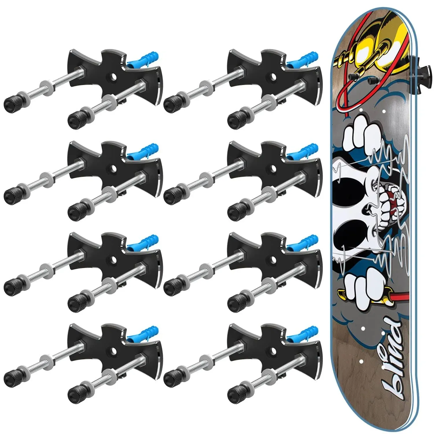 YEZRO Skateboard Hanger Wall Mount - 8 Packs Metal Skateboard Wall Mount for Skateboard Deck Display with Aluminum Screw Cap and Protecive Washers