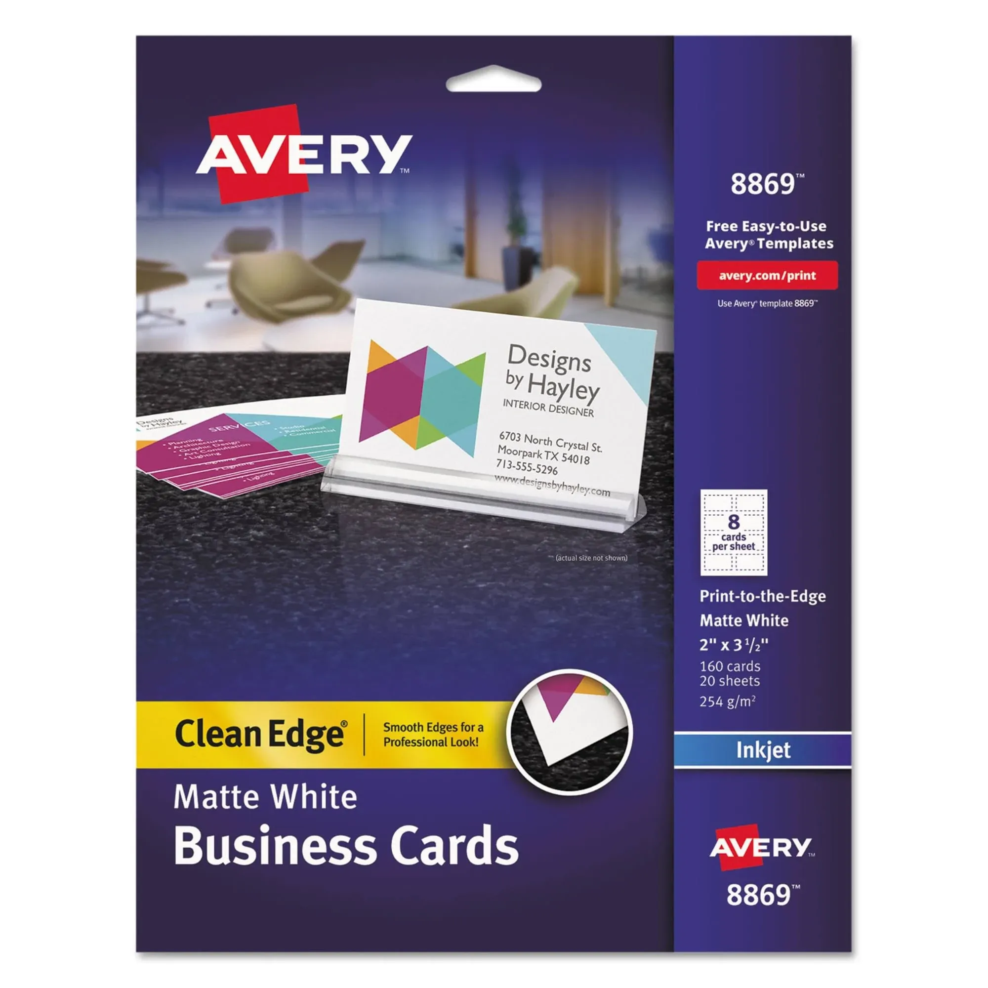 Avery Clean Edge Business Cards, Matte, Two-Sided Printing, 2" x 3-1/2", 160 Cards (8869)