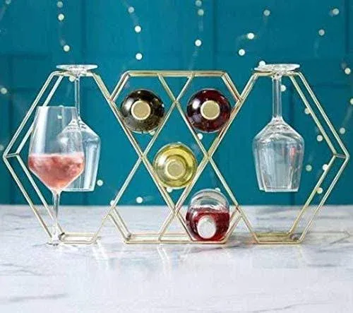 Golden Wine and Glass Rack, Tabletop Wine Rack, Countertop Wine Rack