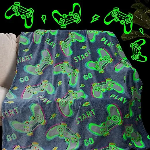 Glow in The Dark Blanket Gaming Controller Glowing Throw Blanket Gamer Plush Luminous Blankets and Throws Soft Fluffy Throw Gift for Kids Girls Boys Birthday Christmas Halloween Thanksgiving 50" x 60"