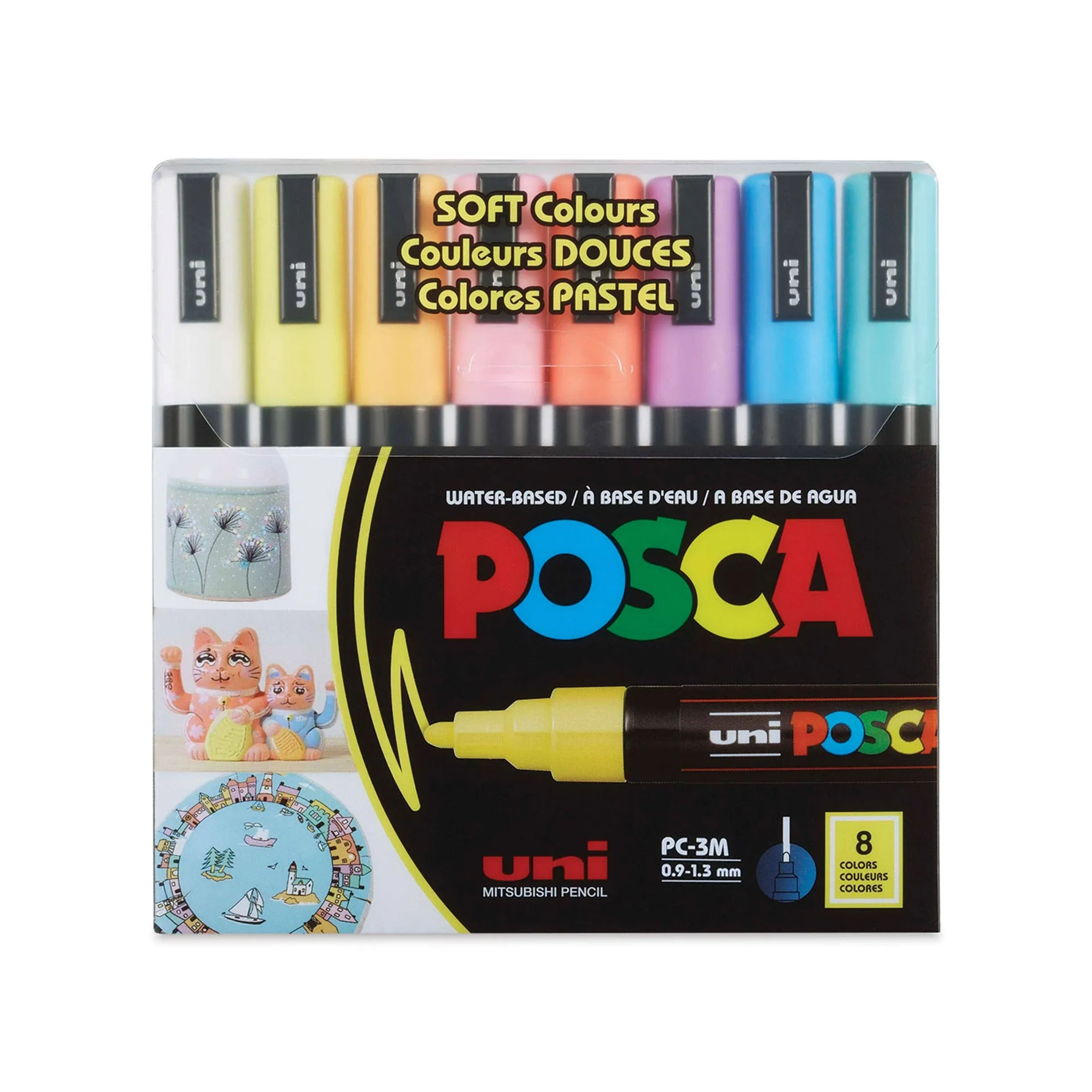 Uni Posca Paint Markers - Soft Colors, Set of 8, Fine, Bullet Tip, 0.9 mm - 1.3 mm